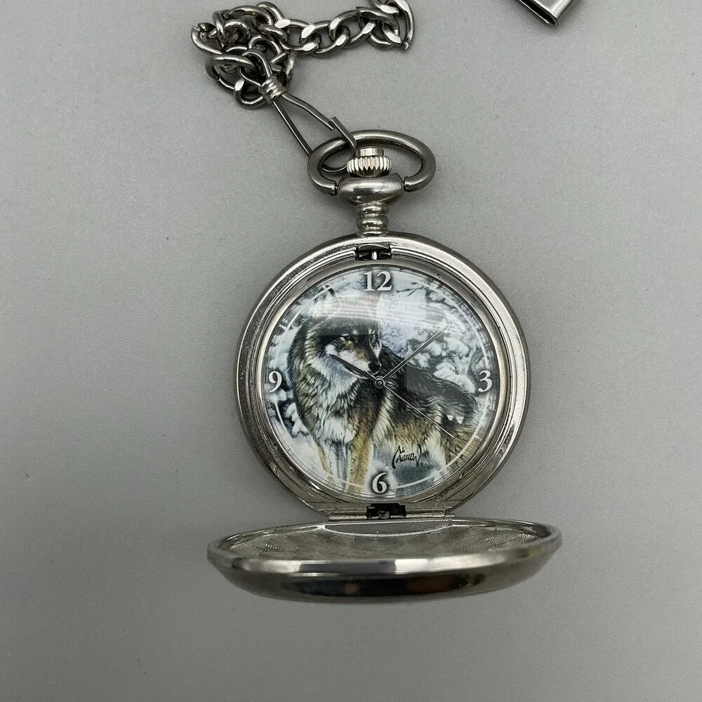 Al Agnew Pocket Watch Men 47mm Silver Tone Wolf Full Hunter Chain Analog